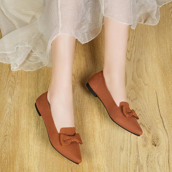 Women Brown Pointed Toe Dressy Comfortable Knit Breathable Mesh Ballet Flats - Picture 7 of 7